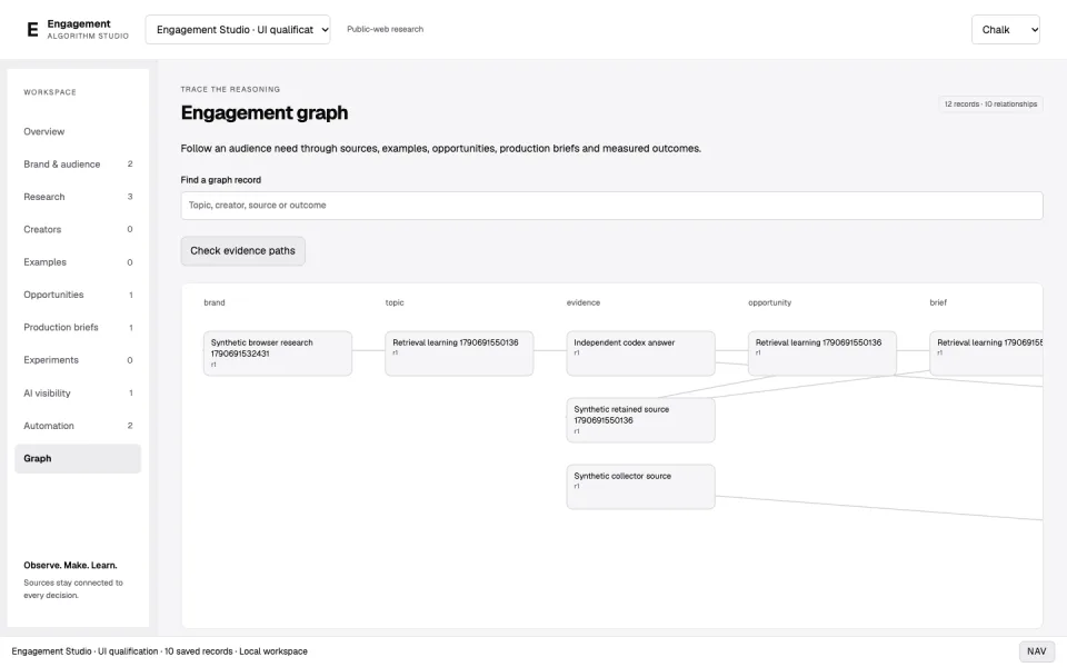 Engagement Algorithm Studio, as it runs